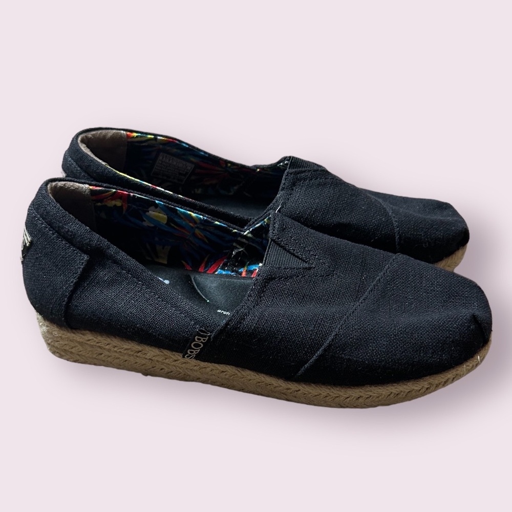 Bobs By Skechers Black Espadrille Women's Slip On Wedge Shoes Sz 8.5 Memory Foam